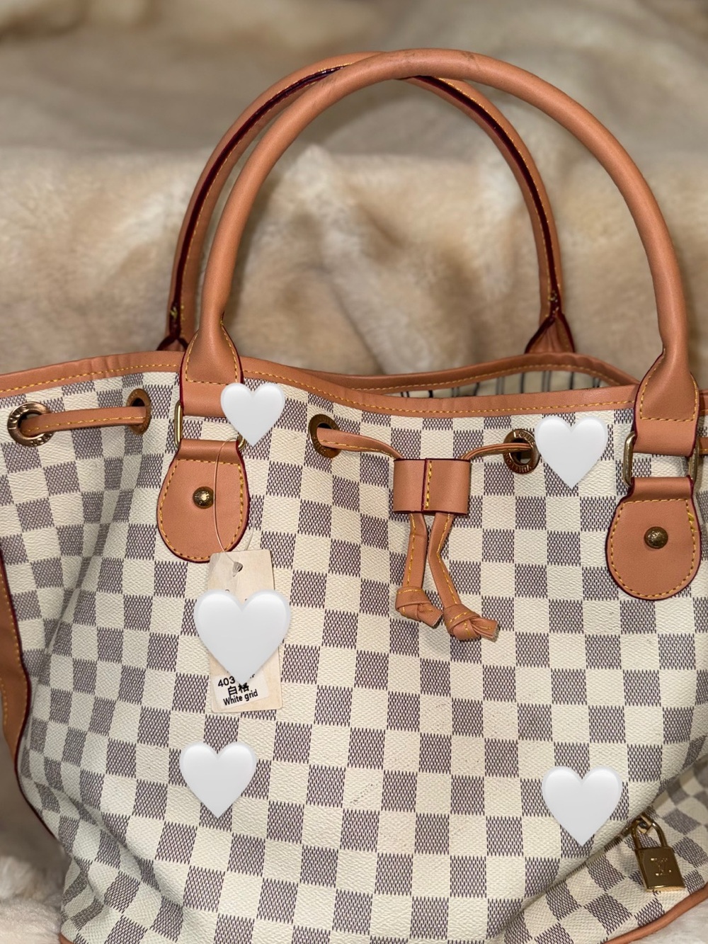 Canvas Check Drawstring Tote in Tan and Cream